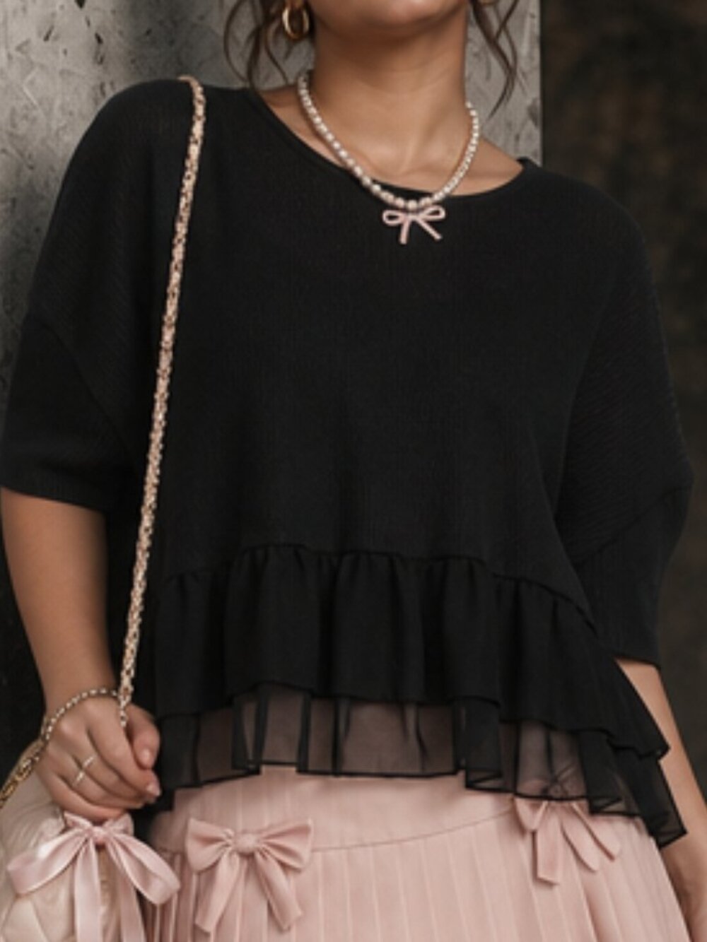 American Eagle Goth Cute Black Knit Sweater w/ Chiffon Ruffle Trim Small